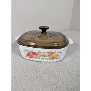 Vintage CorningWare Vegetable Pattern Casserole Dish w/ Amber Pyrex Lid | A-9-C
